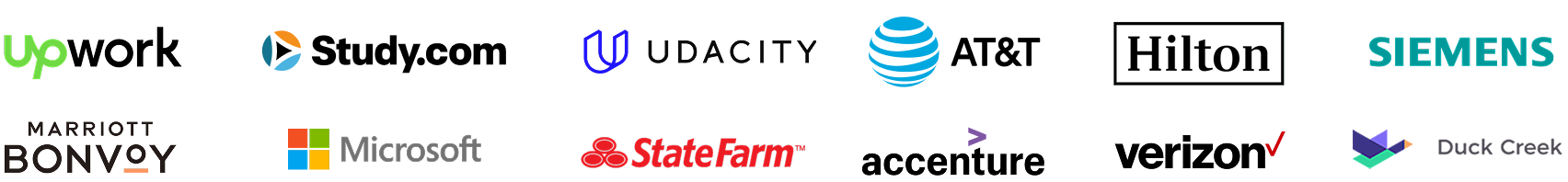Upwork, Study.com, Udacity, AT&T, Hilton, Siemens, Marriott Bonvoy, Microsoft, State Farm, Accenture, Verizon, Duck Creek